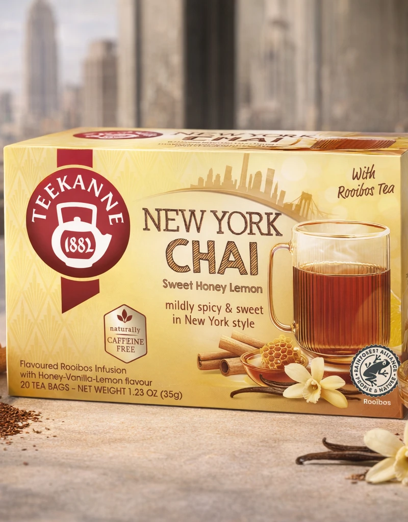 On the image you see our New York Chai rooibos-honey-vanilla infusion standing on a table with honey and vanilla elements. You can see the New York skyline in the background through the window.